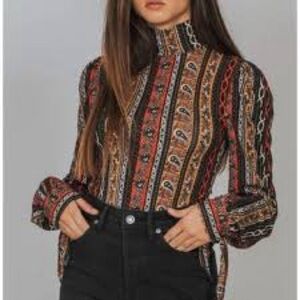 Free People - Donatella Colorful Paisley Print Bohemian Mock Neck Blouse Size XS